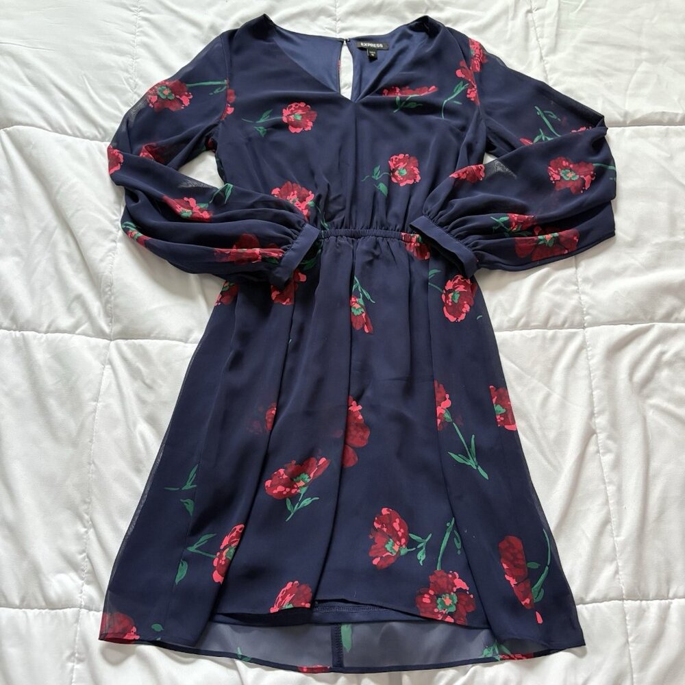 Express Dress‎ Womens Size XS Blue Mini Long Sleeve Vampire Grunge Floral Summer